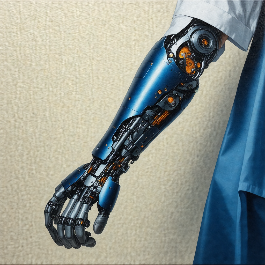 Close-up of a person's hand with a blue robotic arm