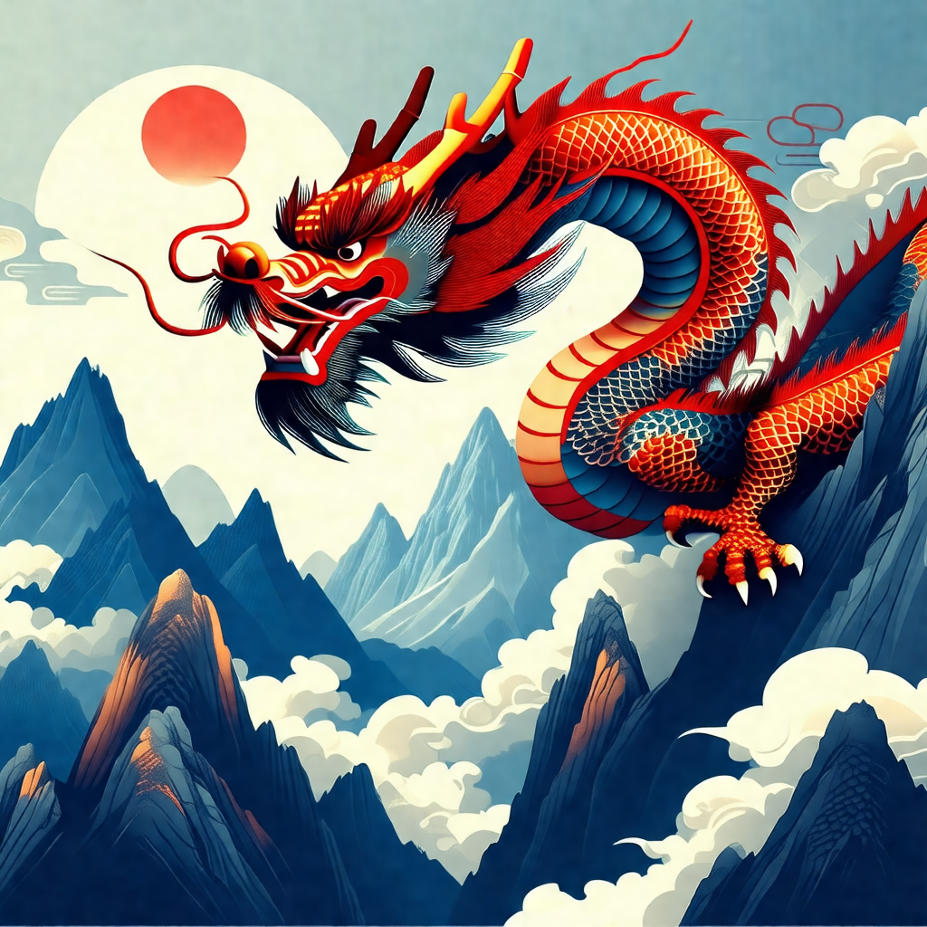 Large, colorful dragon with a long, curved tail