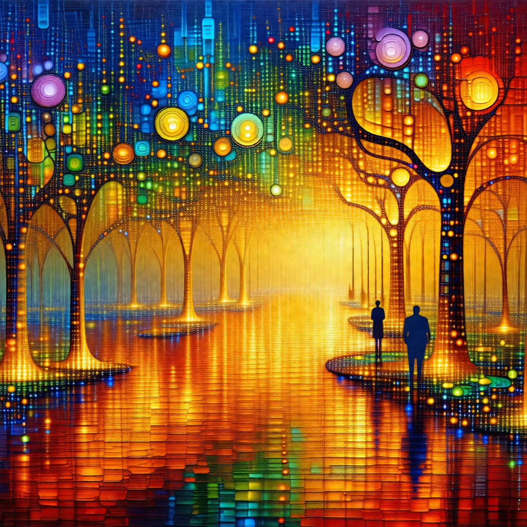 Painting of a man and a woman walking down a path in a fo...