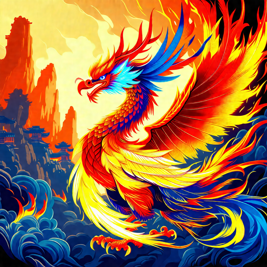 Vibrant and colorful dragon with a long tail, standing in...