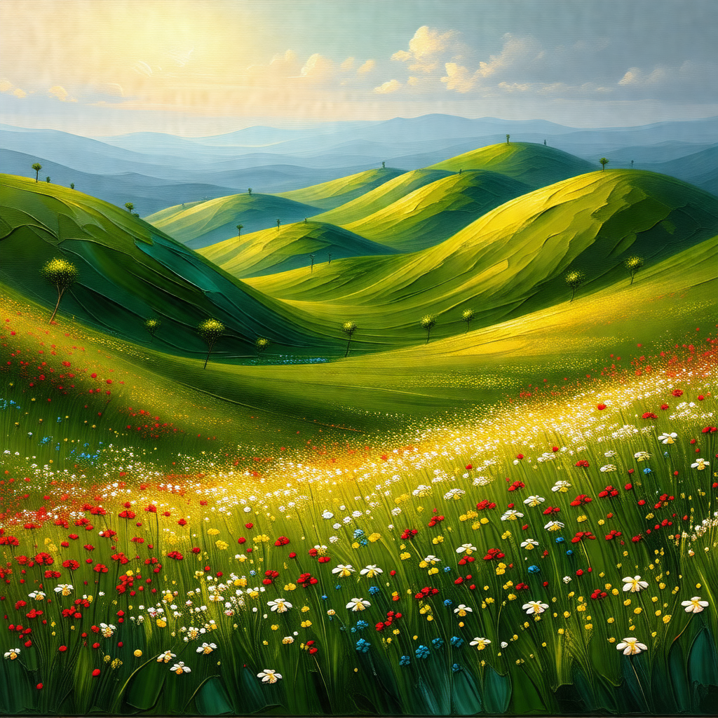 Beautiful, lush green hillside with a vibrant yellow suns...