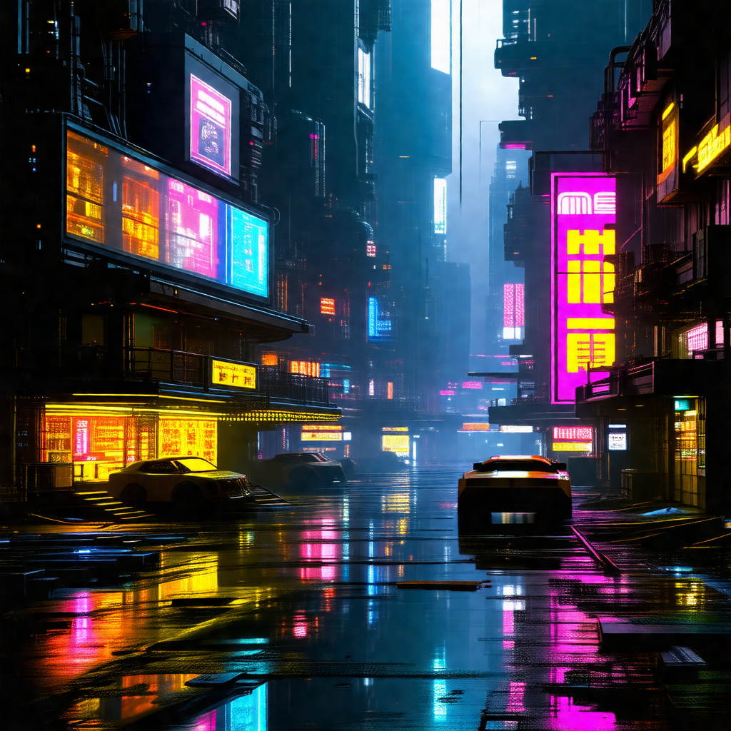 City street at night, with a car driving down the road