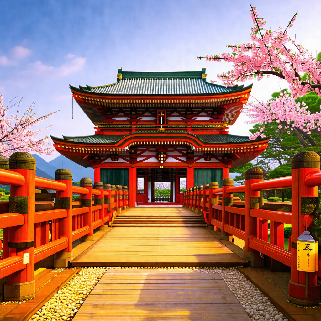 Large, ornate red building with a bridge leading to it