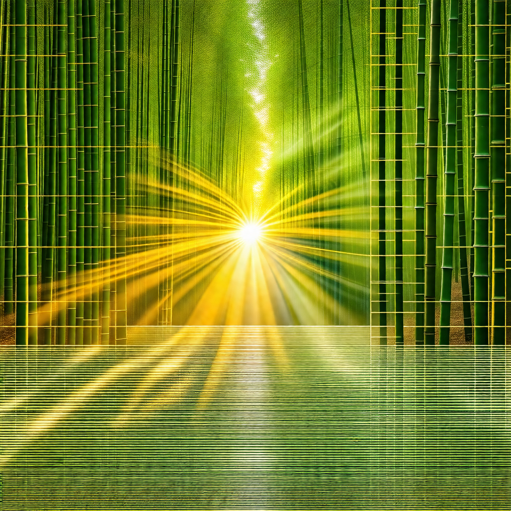 Brightly lit pathway surrounded by tall, green bamboo plants
