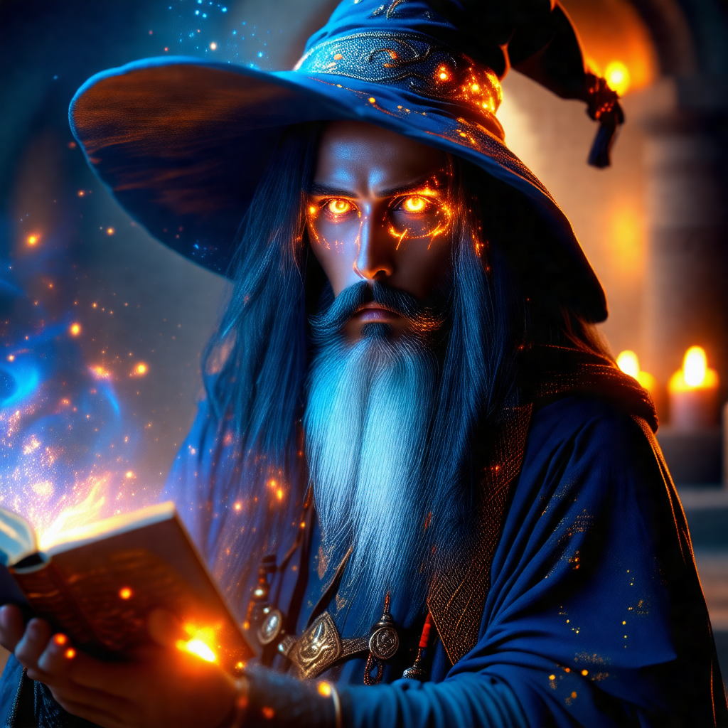 Man dressed in a wizard's outfit, complete with a blue ha...