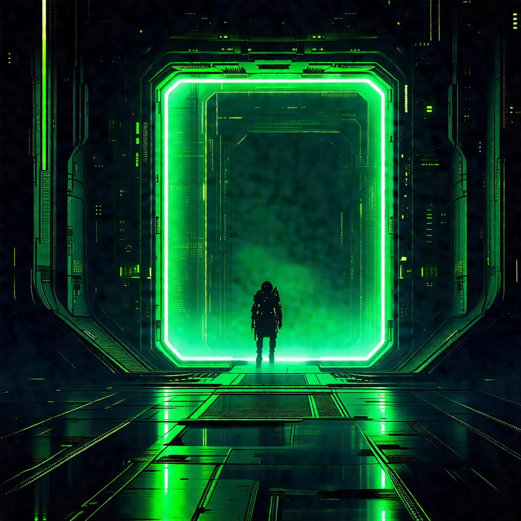 Person standing in a green, futuristic room