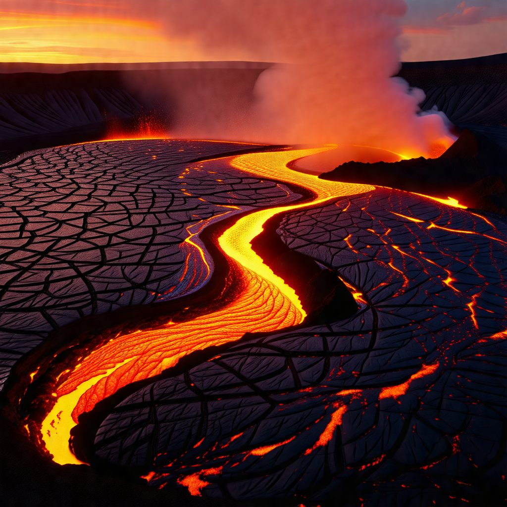 Large, open pit with a river of lava flowing through it