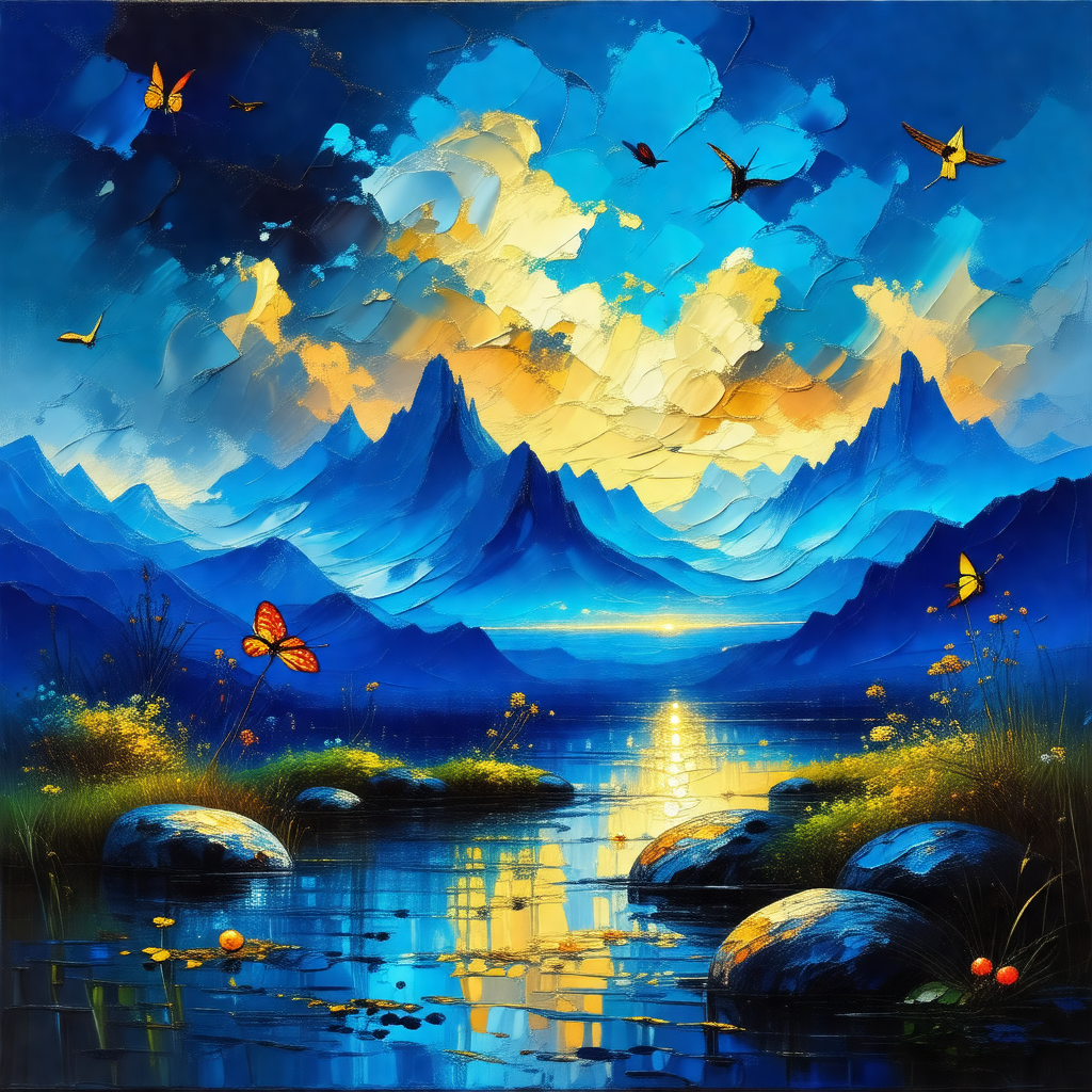 Beautiful painting of a mountainous landscape with a body...