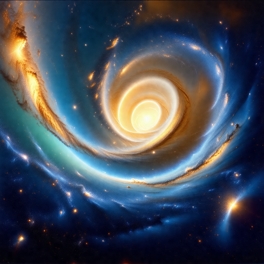 Vibrant and colorful space scene featuring a spiral galaxy