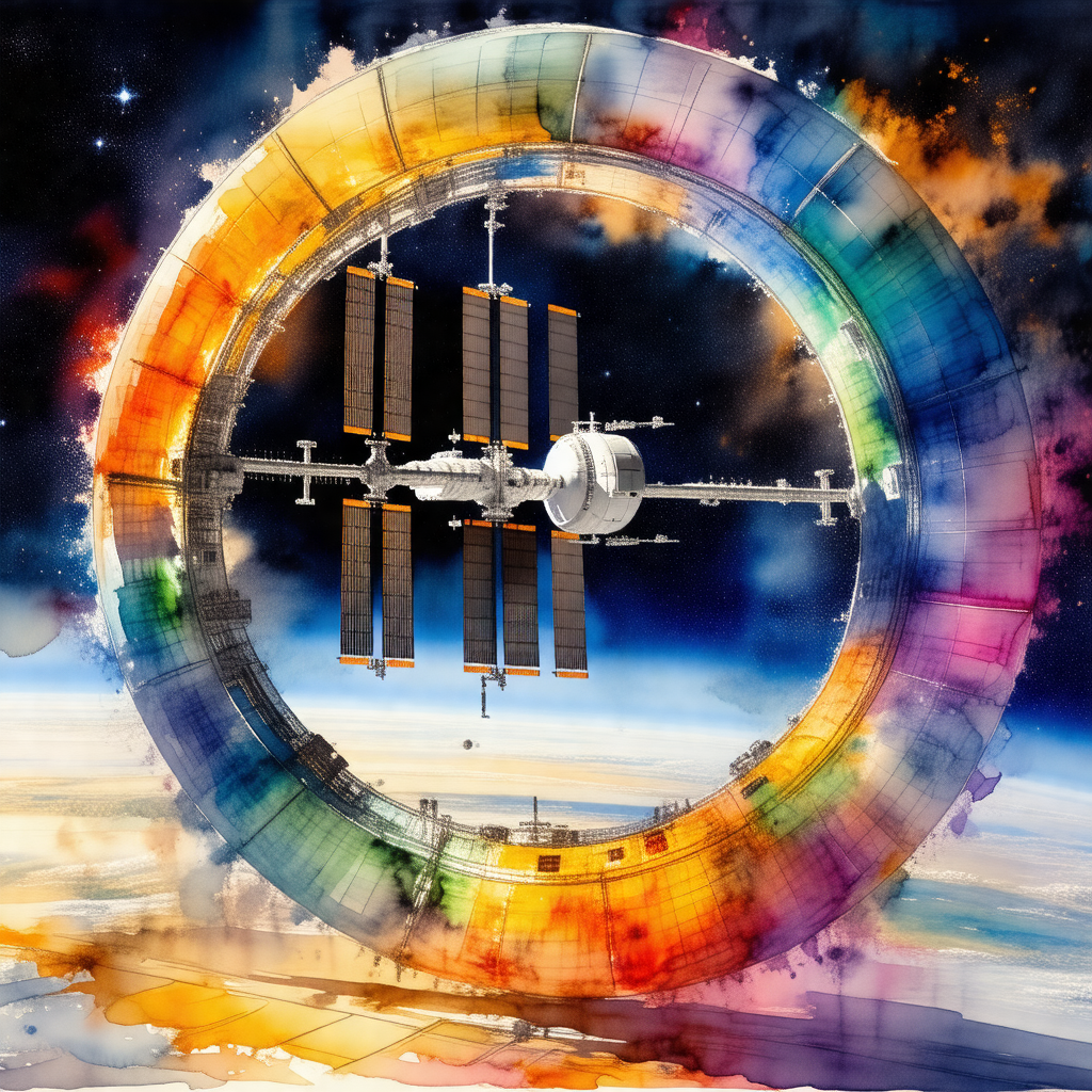 Large, colorful space station with a dome-shaped structure
