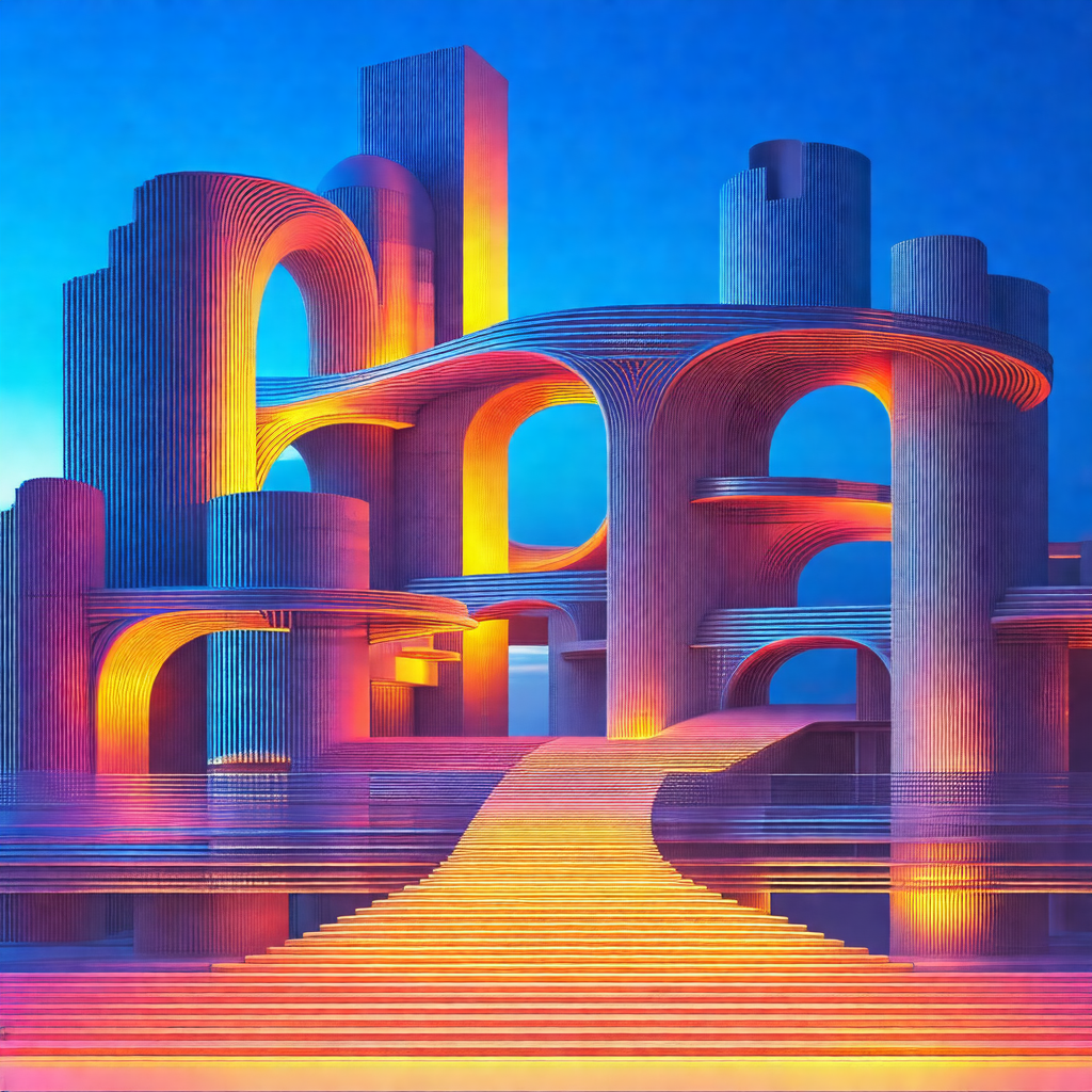 Futuristic cityscape with a series of tall, curved buildings
