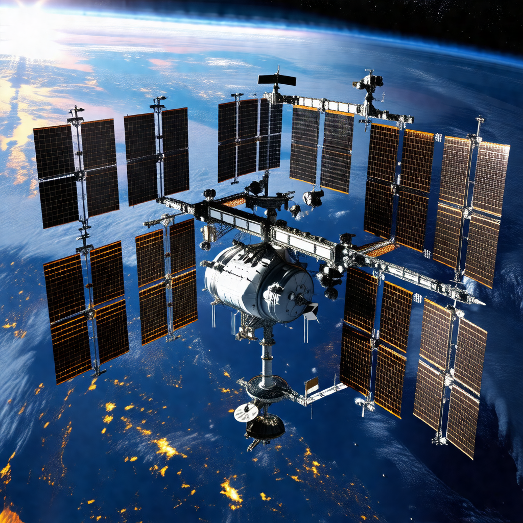 Space station with a large satellite dish on top of it