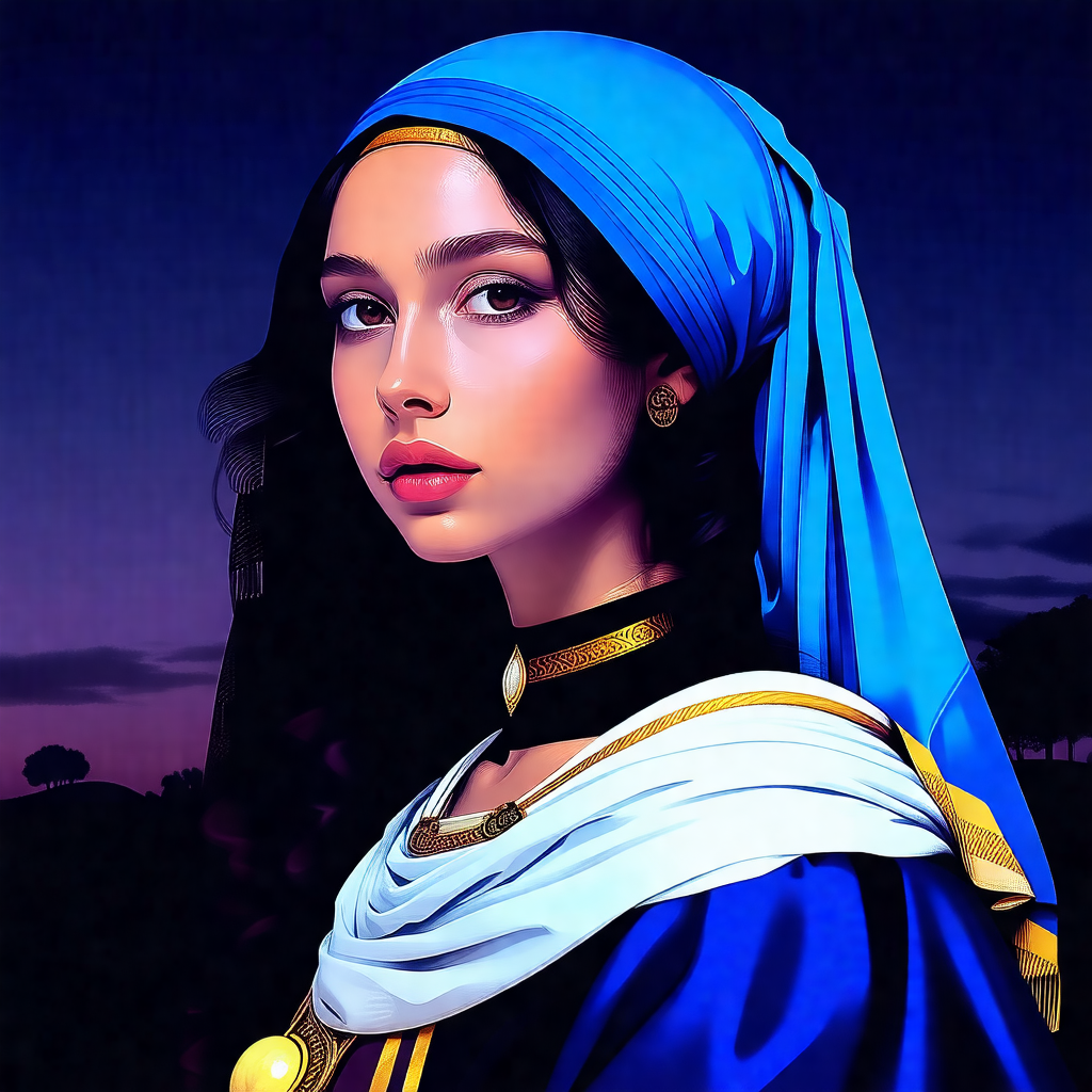 Woman wearing a blue headscarf, standing in front of a da...