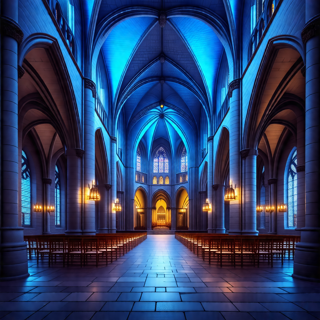 Large, ornate cathedral with a blue-lit atmosphere