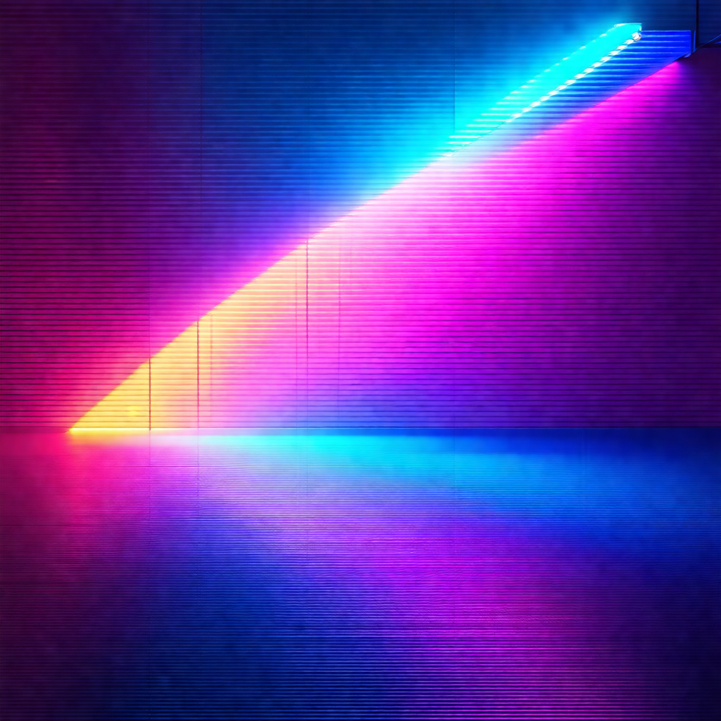 Brightly lit room with a large, colorful light display