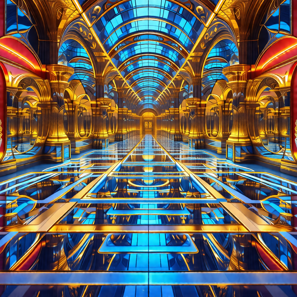 Blue and gold painting of a large, ornate building with a...