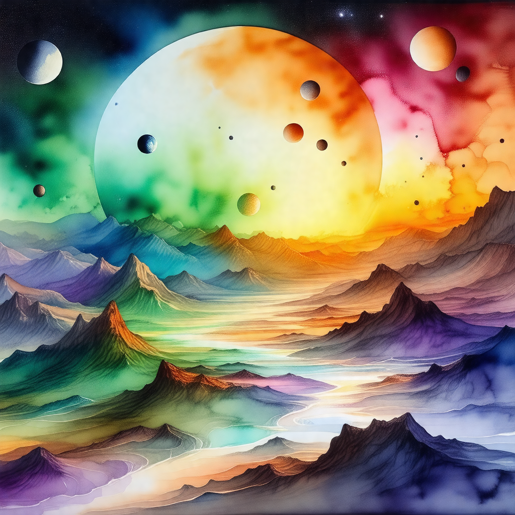 Colorful painting of a mountainous landscape with a vibra...