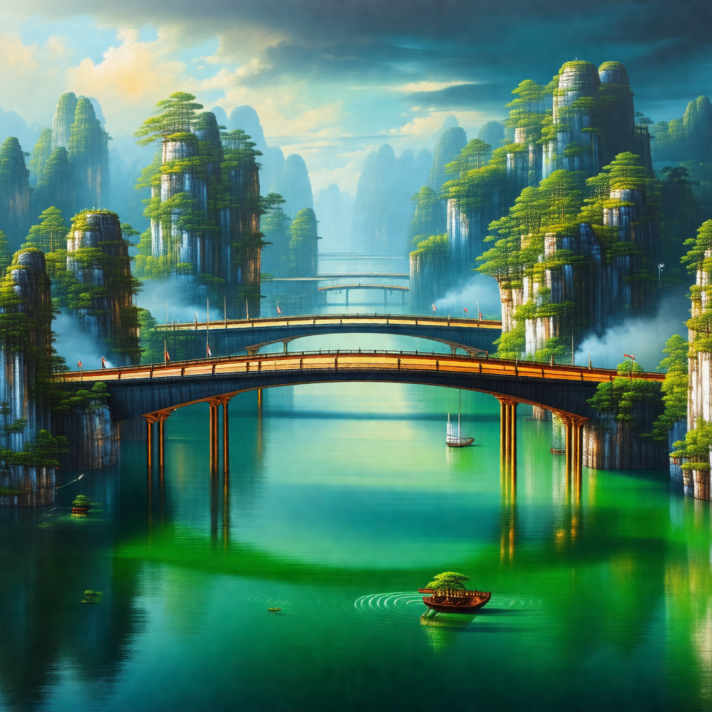 Painting of a bridge over a river, surrounded by lush gre...