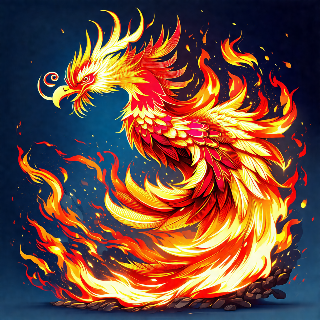 Colorful, fire-breathing dragon with a long, curved tail