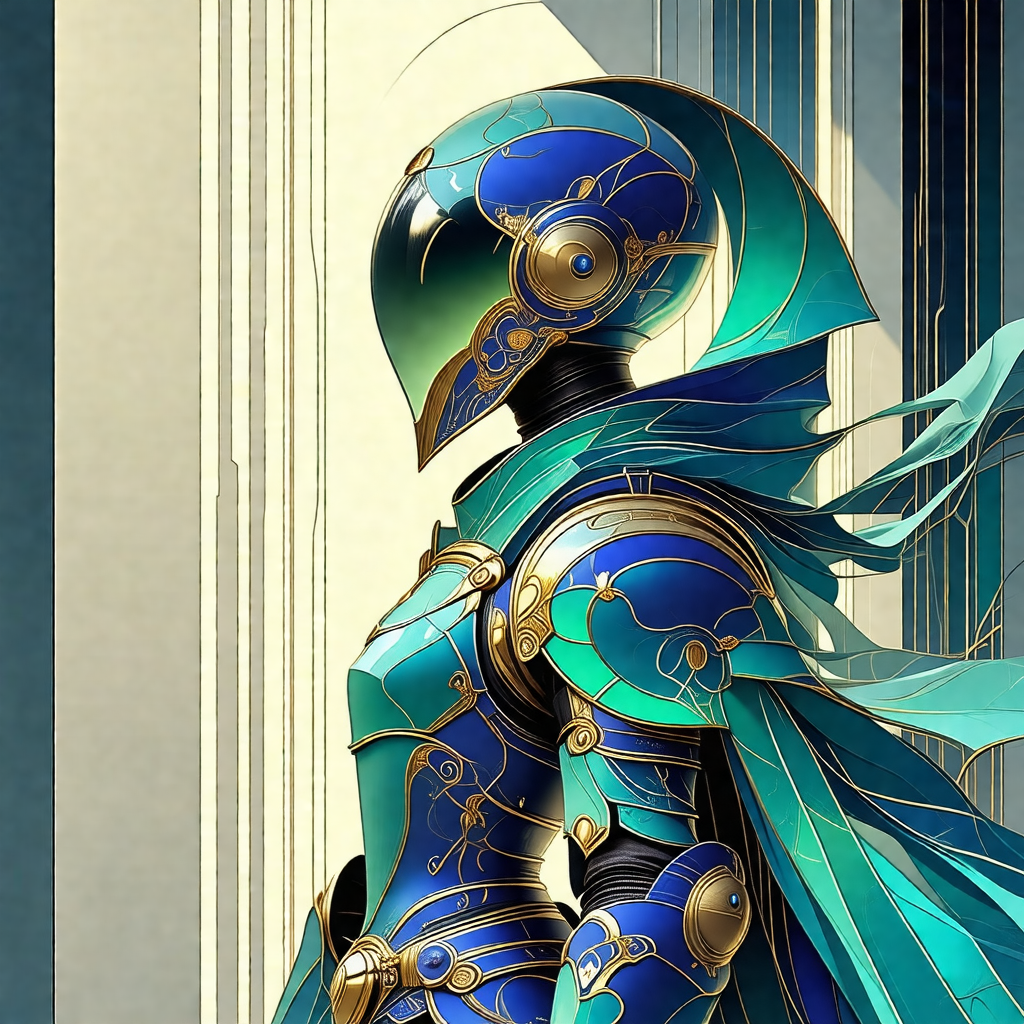 Woman dressed in a blue and gold armor, standing in front...