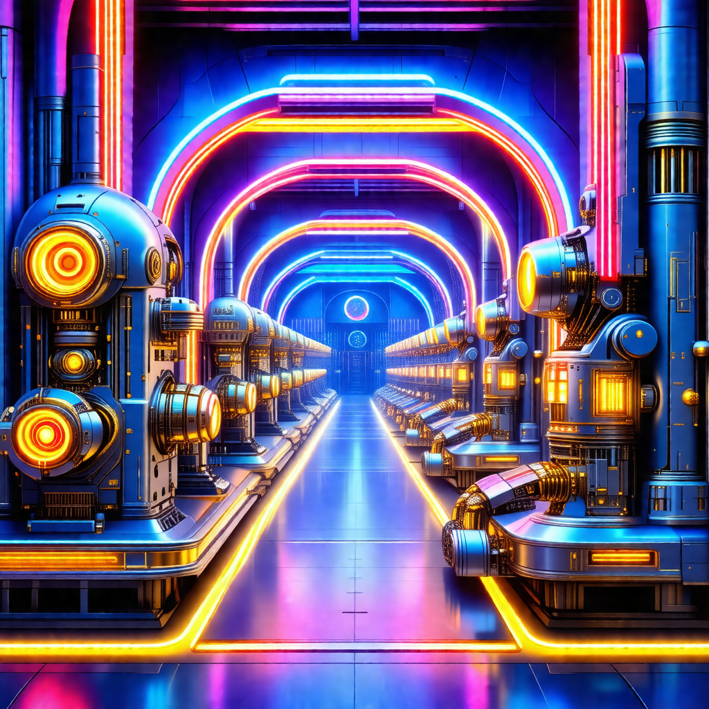Colorful, futuristic scene featuring a long, narrow hallw...