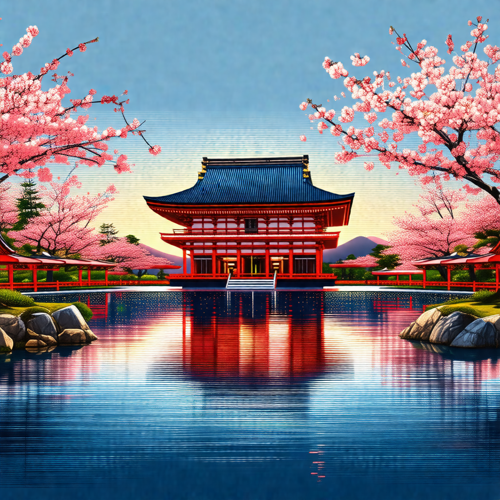Beautiful japanese garden with a large red building, poss...