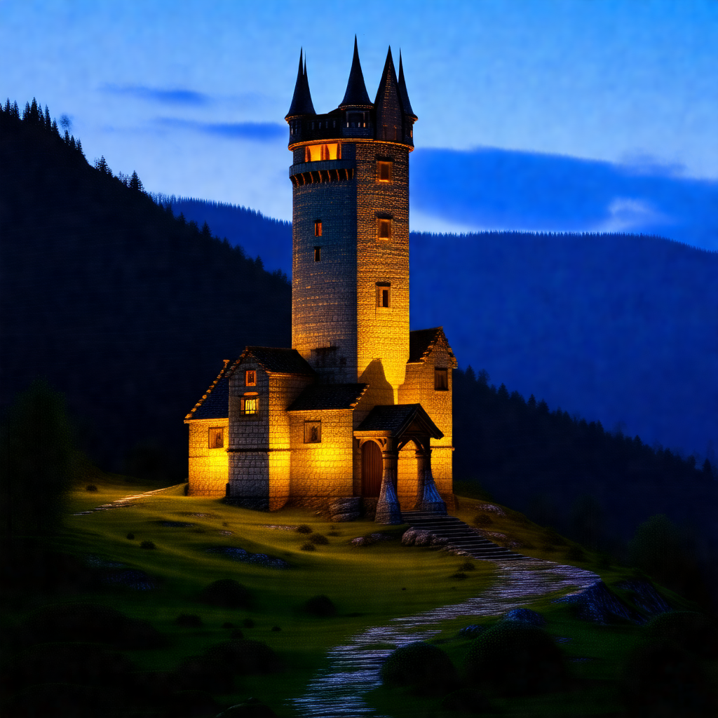 Large, old castle with a tall tower and a pointed roof