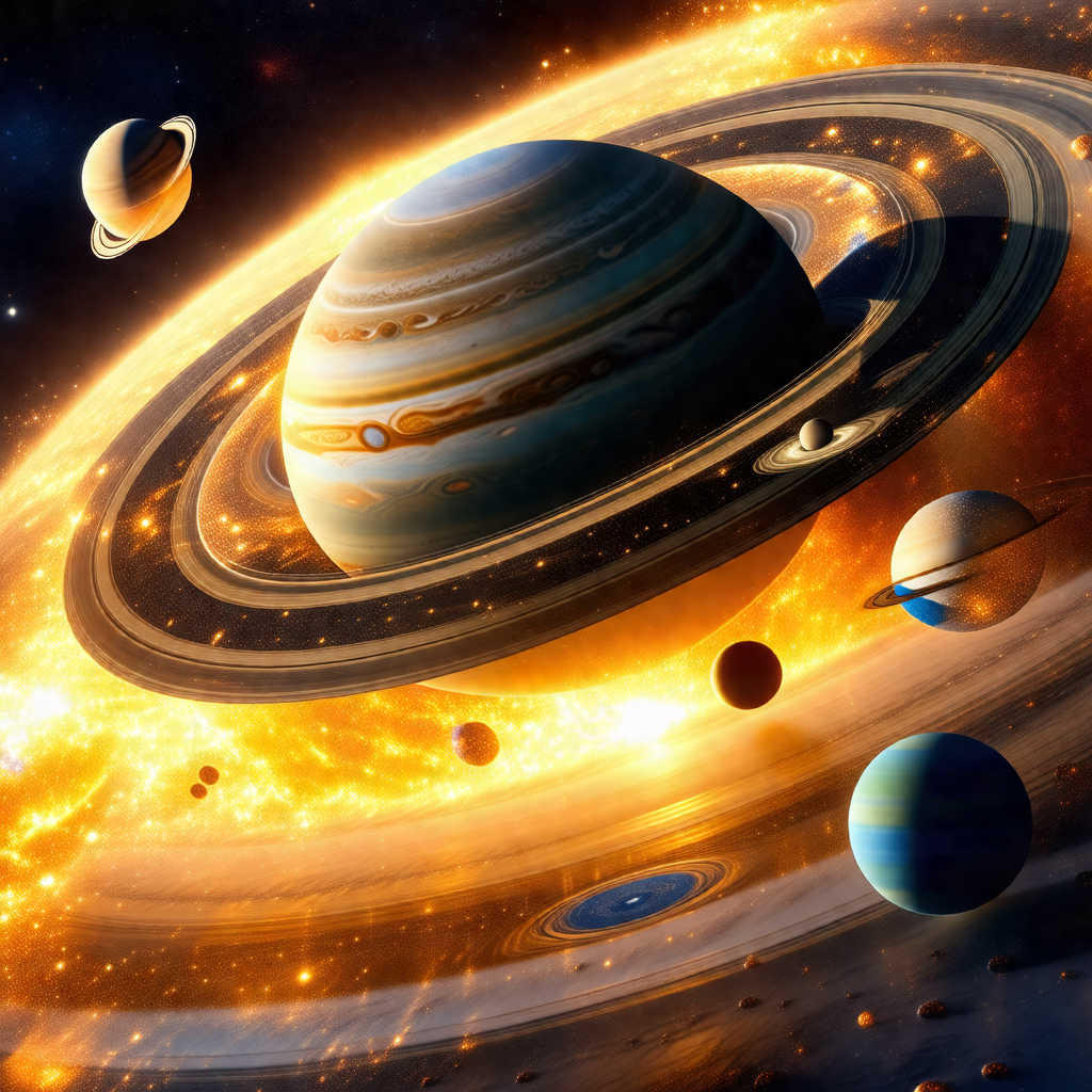 Colorful and detailed illustration of a solar system, fea...