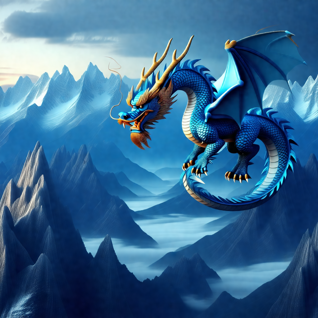 Blue dragon flying through the sky, with its wings spread...