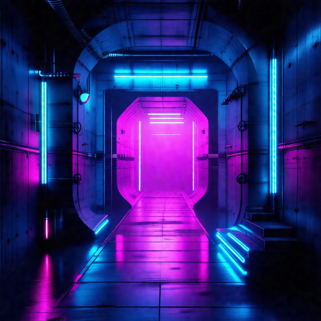 Futuristic, neon-lit tunnel with a purple glow