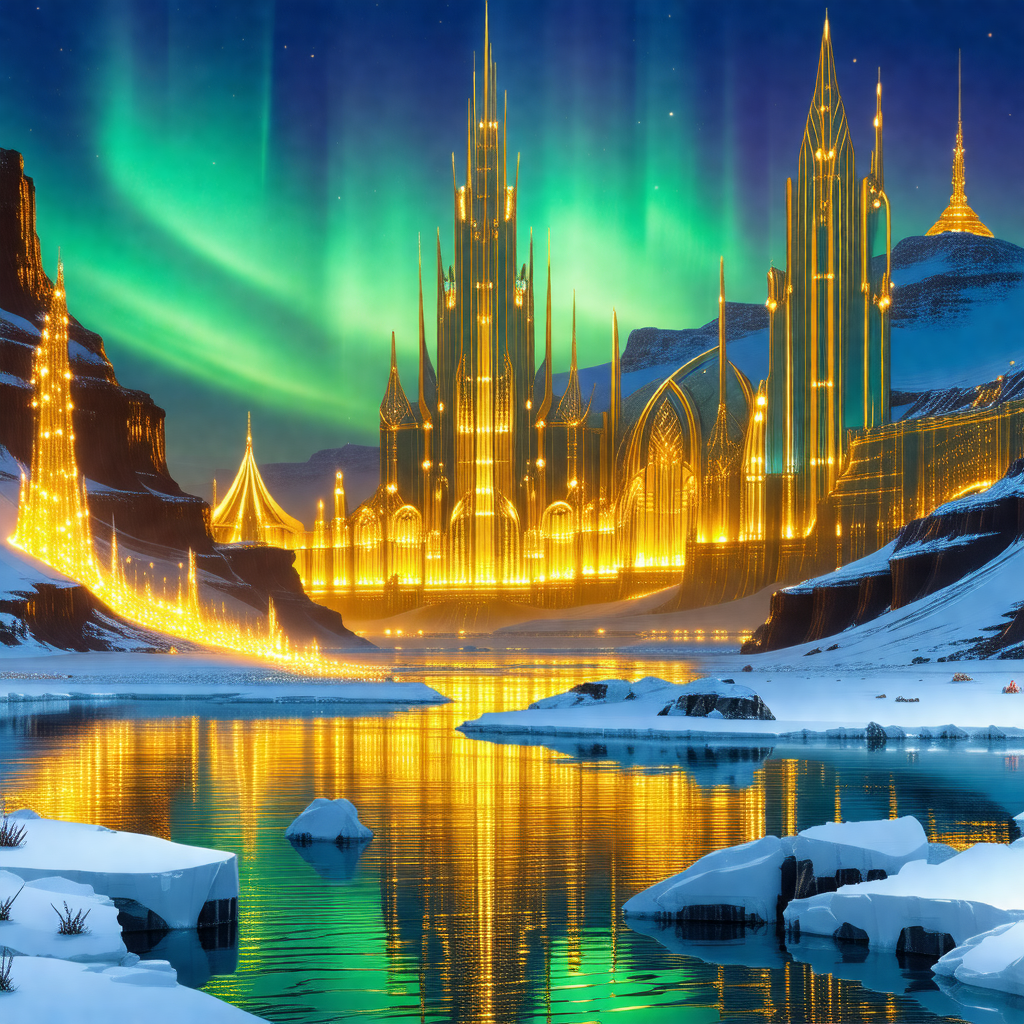 Beautifully lit castle with a glowing green sky in the ba...