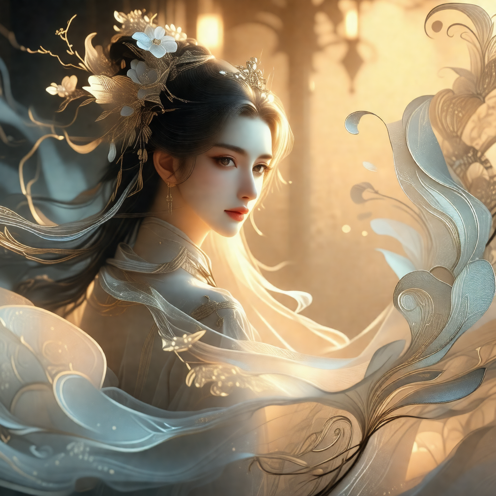Beautiful woman with long hair, dressed in a flowing whit...