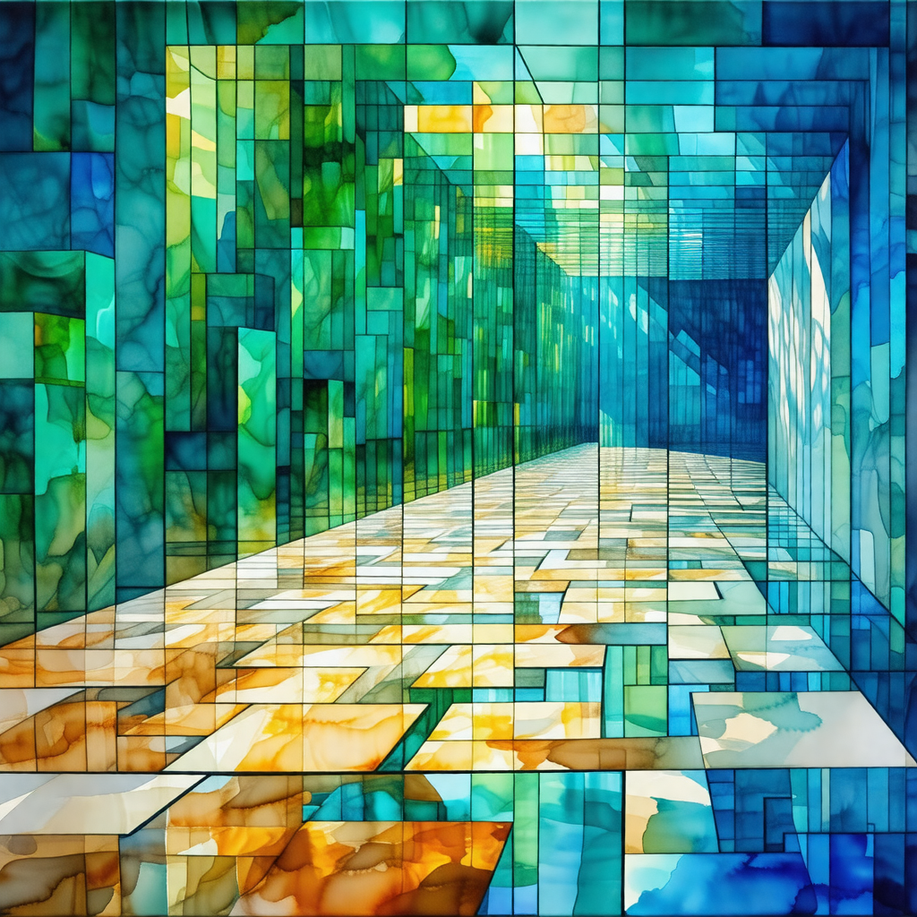 Colorful, abstract painting of a hallway