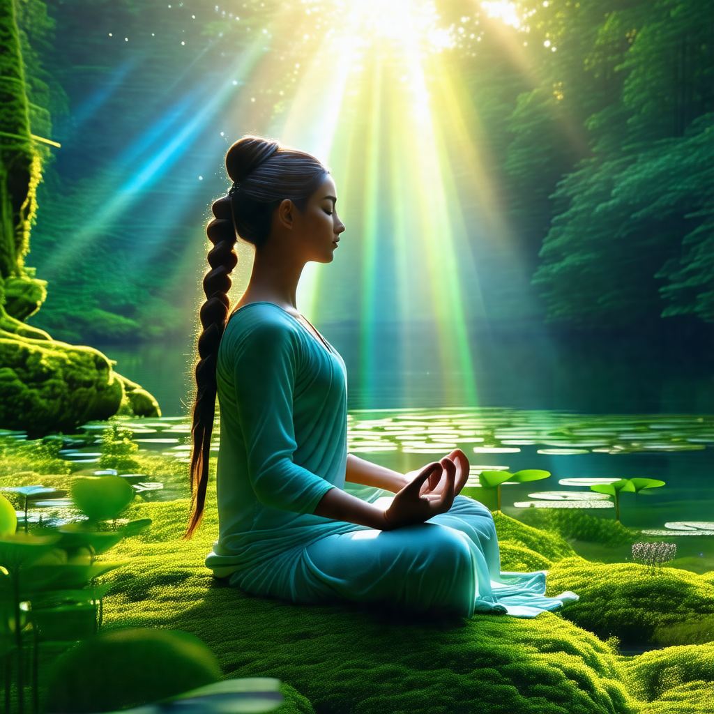Woman sitting on a rock in a serene environment