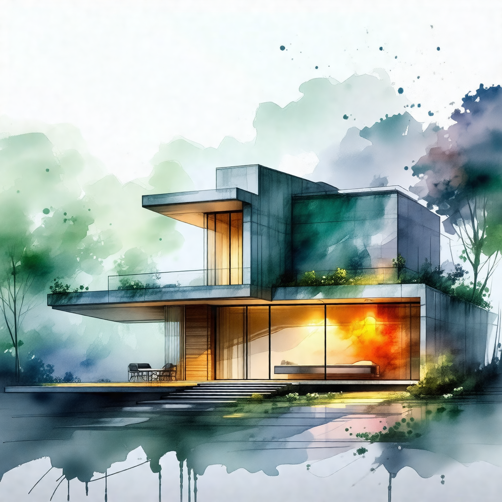Drawing of a modern house with a large glass wall