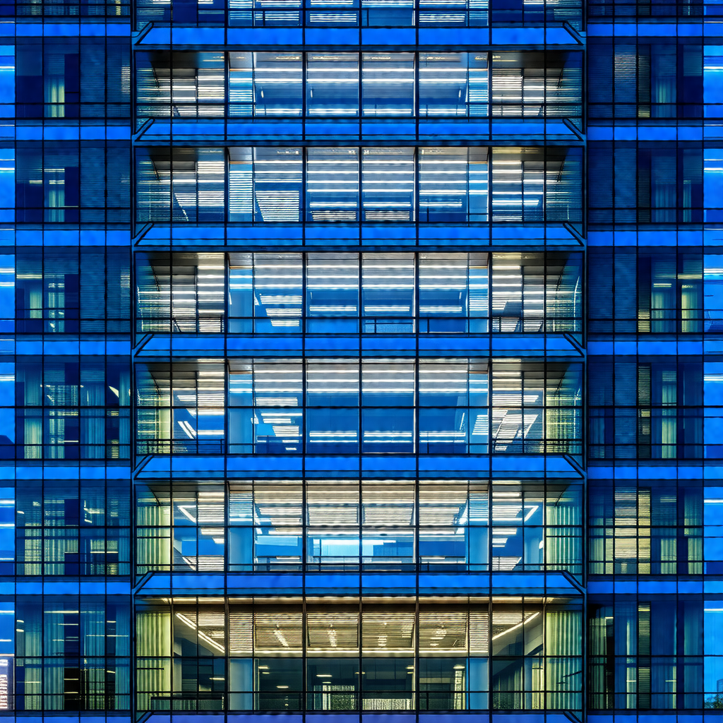 Large blue building with many windows