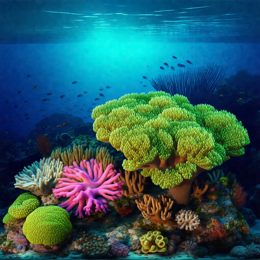 Vibrant underwater scene with a variety of colorful coral...