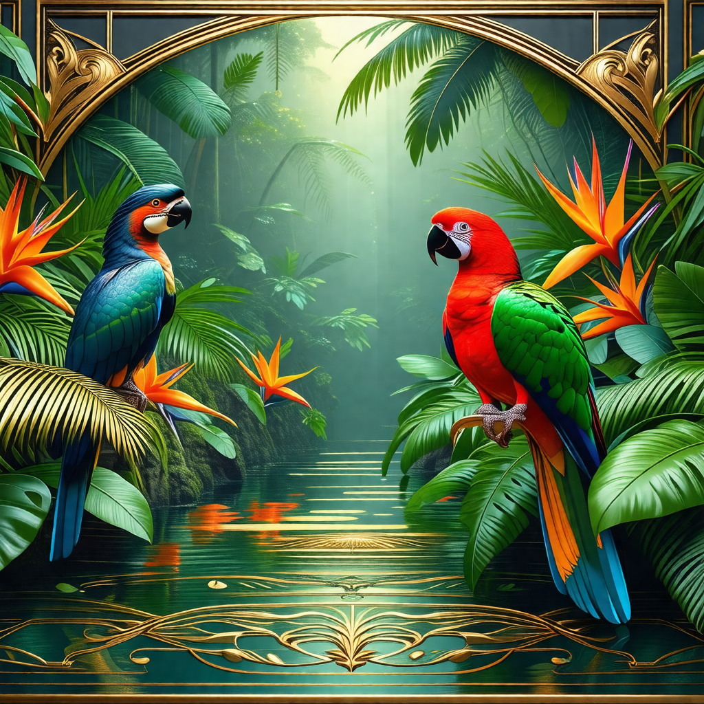 Two colorful parrots perched on a branch in a lush green ...