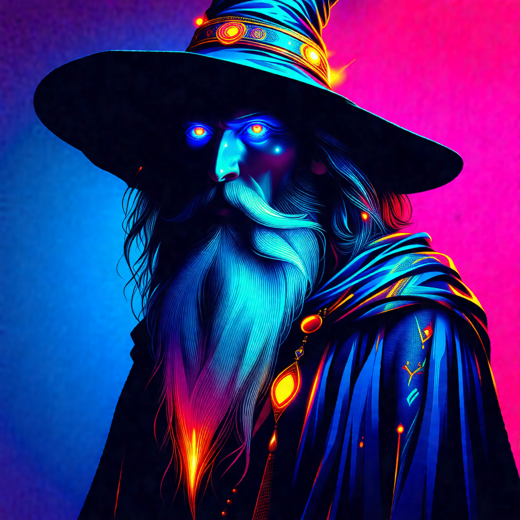 Wizard with a long beard and a blue hat, standing in fron...