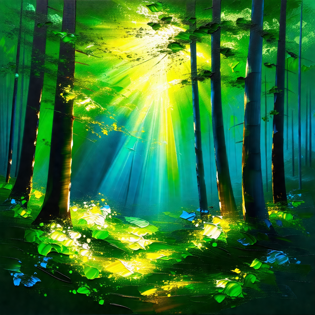 Lush green forest with a bright sun shining through the t...