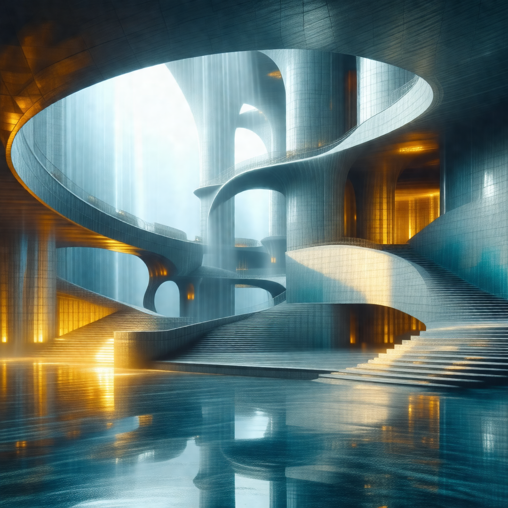 Large, modern building with a spiral staircase that leads...