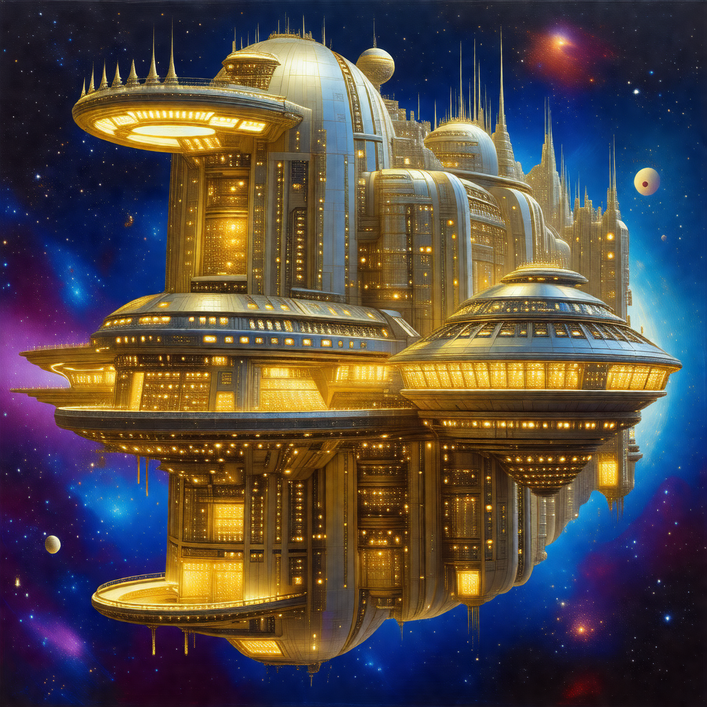 Painting of a futuristic city with a large, golden buildi...