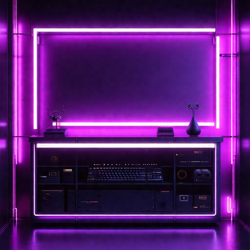 Purple room with a desk and a keyboard