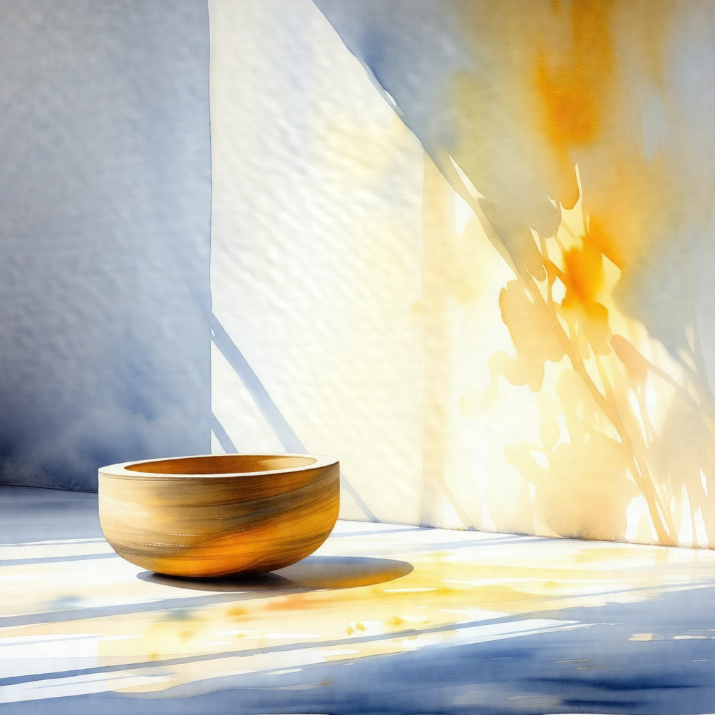 Wooden bowl placed on a table, with a bright sunlight shi...