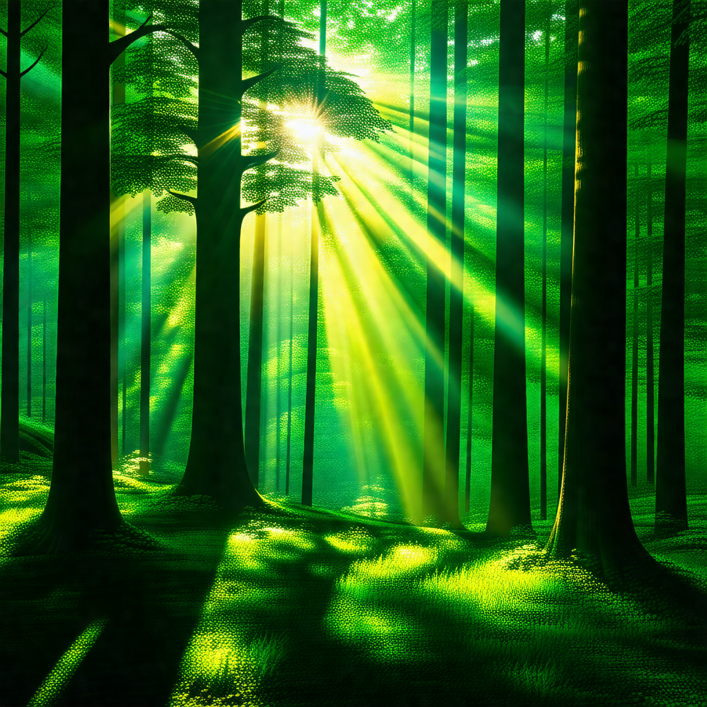 Lush green forest with a bright sun shining through the t...