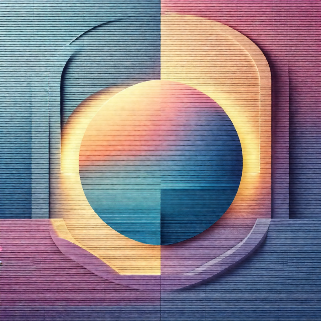 Large, colorful circle with a blue, pink, and yellow grad...