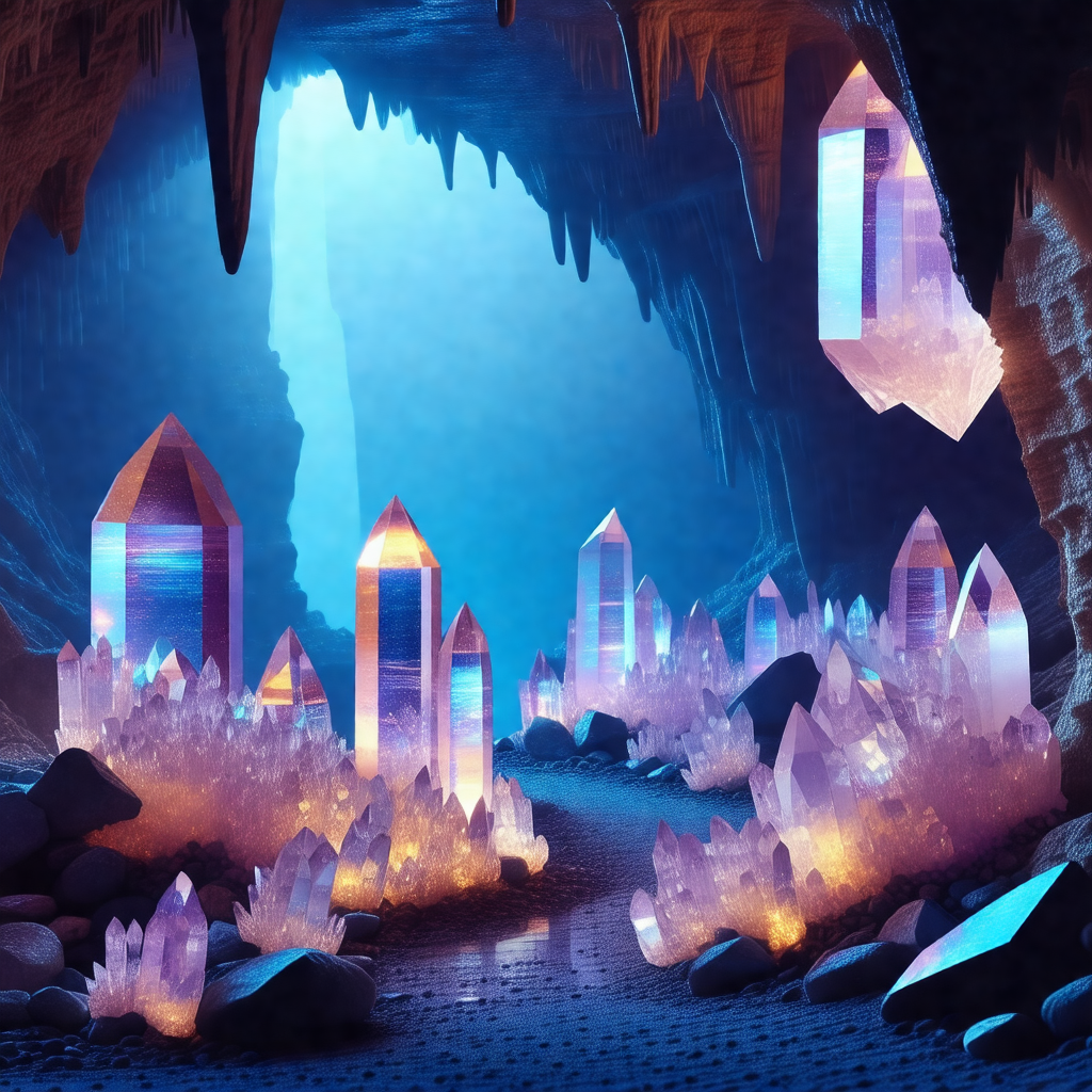Digital artwork of a cave with a blue light illuminating ...