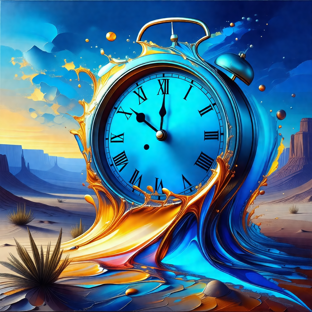 Large, blue clock with a gold face, placed in a surreal, ...