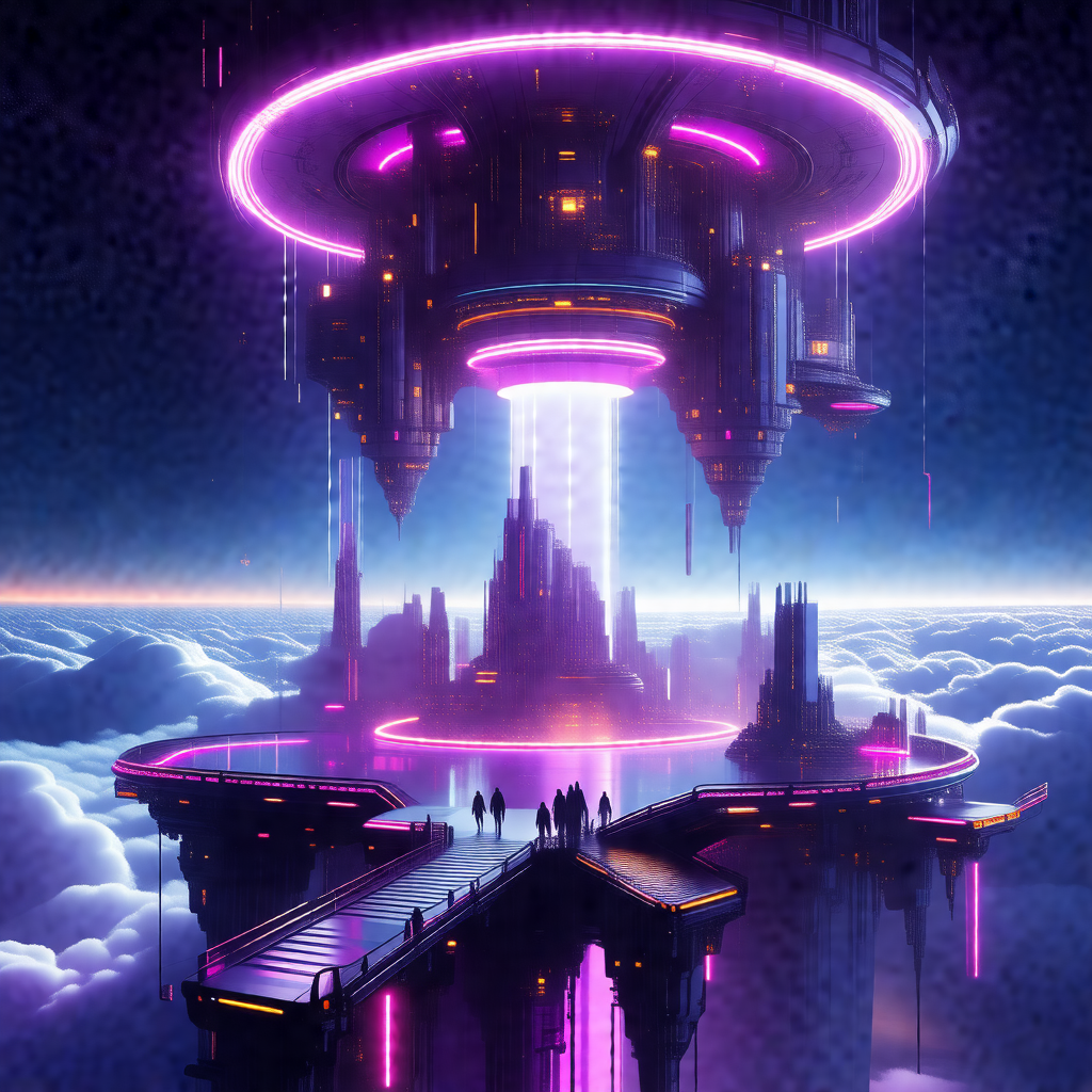 Futuristic cityscape with a large, purple, pink, and blue...