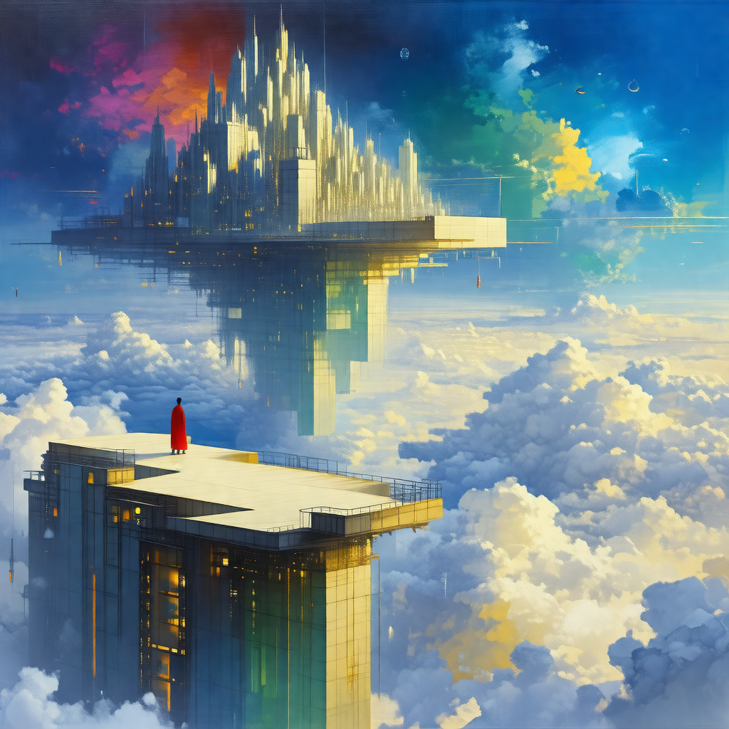 Painting of a futuristic city with a large tower in the c...